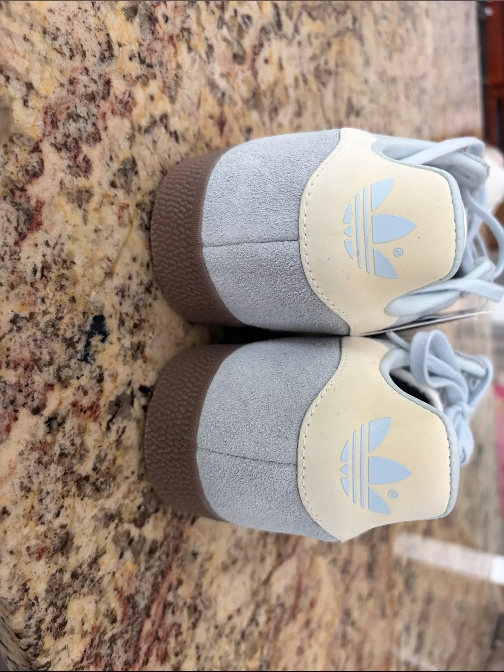 adidas Gazelle Gray with Cream Stripes and Brown Sole